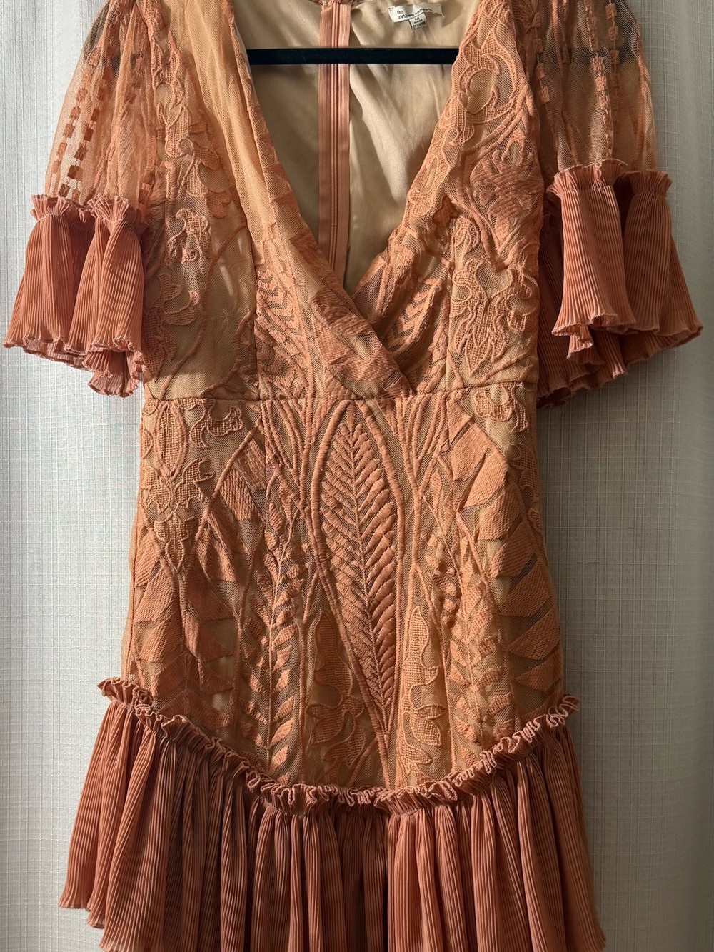 The Clothing Company Dusty Peach Embroidered Lace Ruffle Mini Dress M